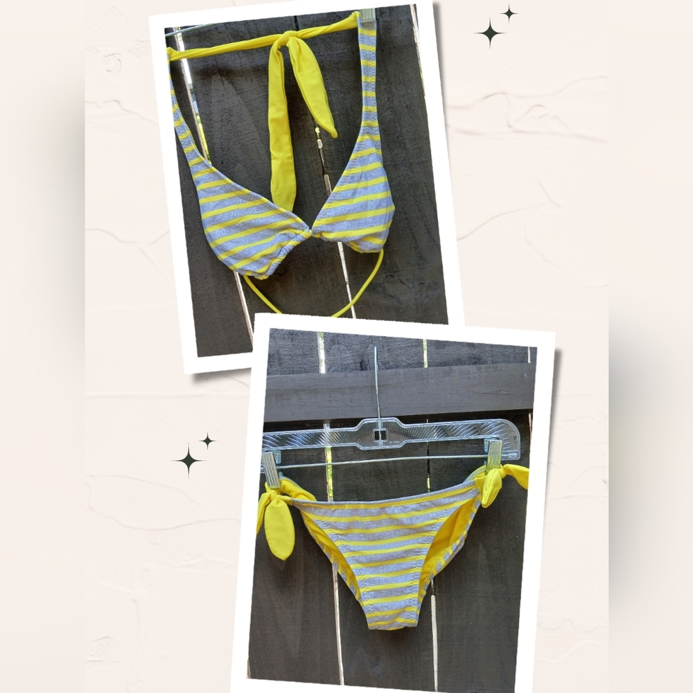 🌞  Aeropostale Silver & Yellow striped Swim Bikini 💛 Size Medium💛 Preloved